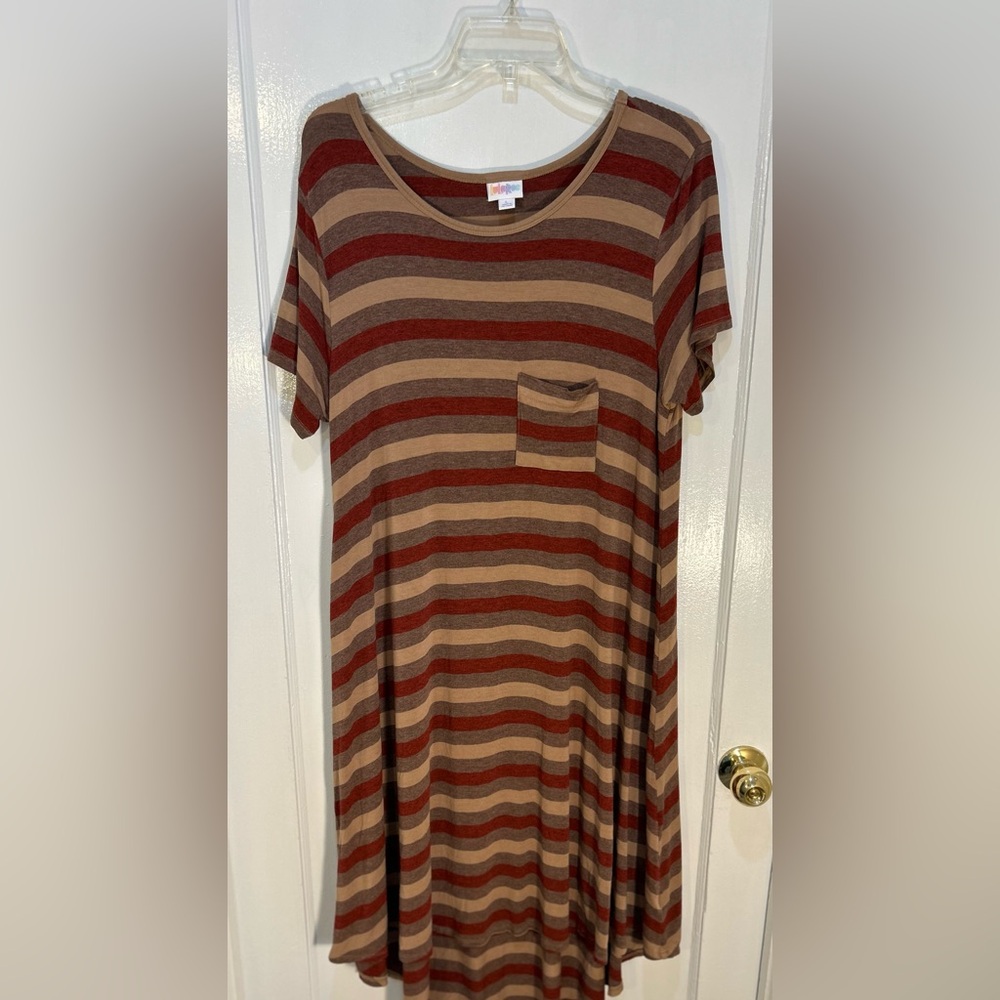 LuLaRoe Women's L T-Shirt Dress Breast Pocket Short Sleeve Horizontl Tan & Brown